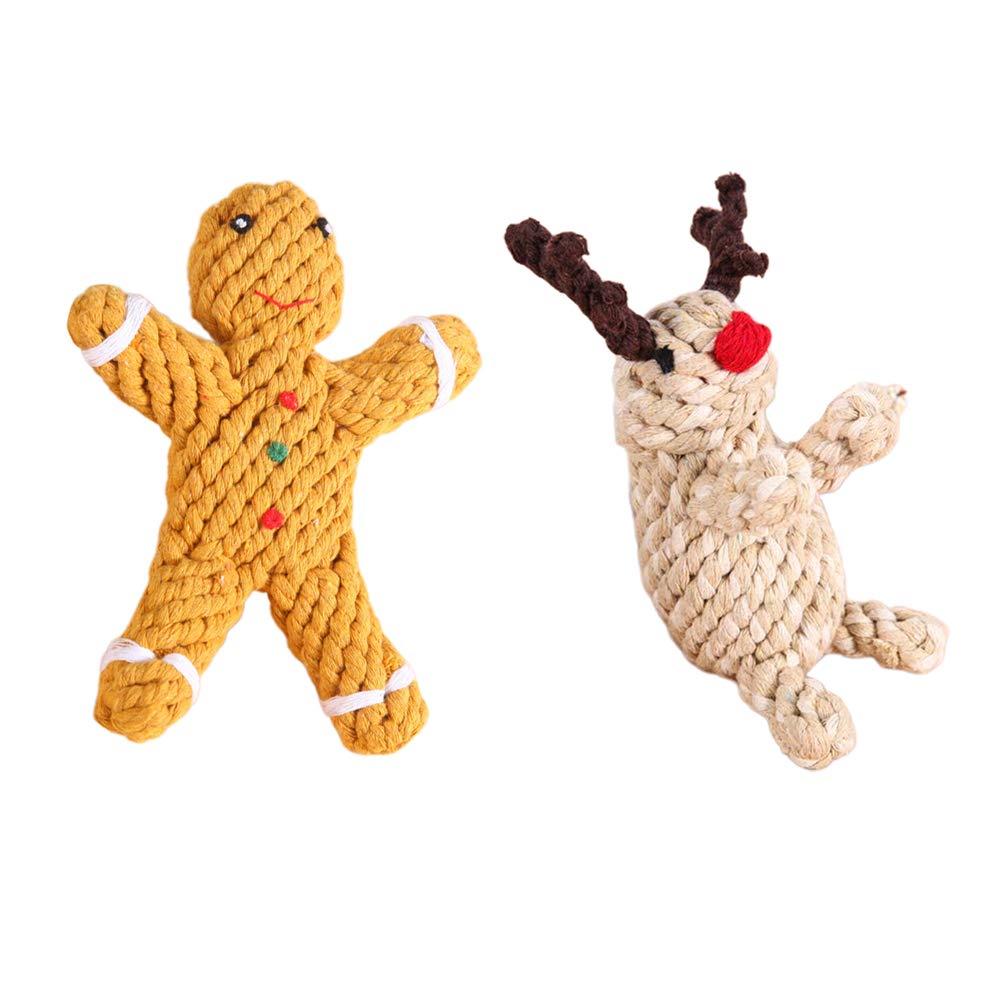 VILLCASE Handmade Christmas Dog Rope Toy Set Durable Cotton Chew Toys with Gingerbread and Elk Designs Interactive Pet Chewing Playthings for Teeth Grinding and Holiday Fun
