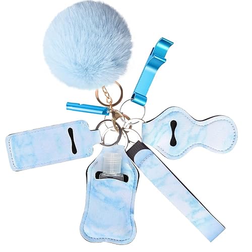 Safety Keychain Set with Personal Alarm,Emergency Whistle,Pompom