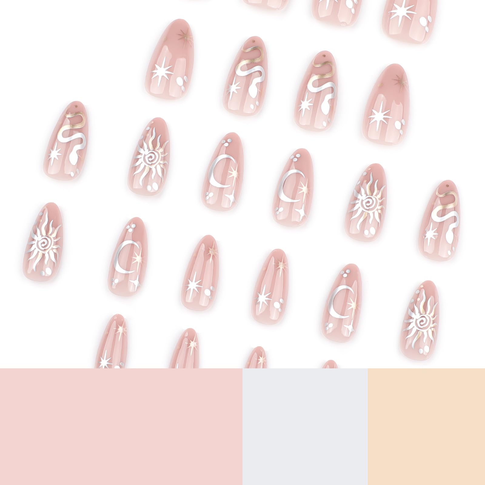 24 Pcs Almond Press on Nails Short Fake Nails with Glue Nude Almond False Nails with Snake Stars Moon Pattern Design Acrylic Nails Press ons Artificial Glue on Nails Holiday Stick on Nails for Women - Image 2