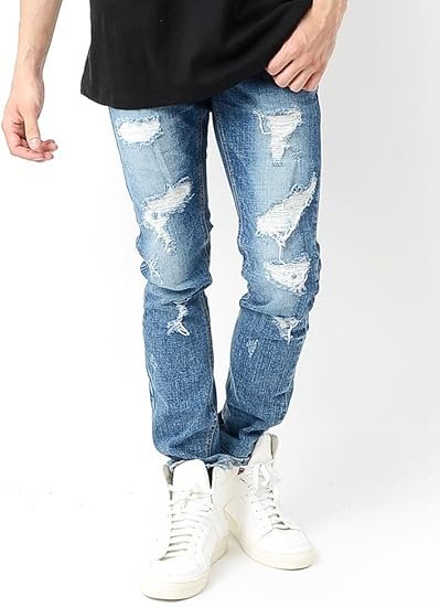 Amazon ネイビー L ディーゼルパワー Diesel Power ストレッチ ダメージ加工 膝 破れ リメイク ジーンズ メンズ デニムパンツ ヴィンテージ加工 ジーパン クラッシュデニムパンツ クラッシュジーンズ クラッシュデニム クラッシュパンツ ダメージジーンズ ダメージ