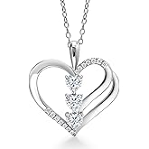 Gem Stone King 925 Sterling Silver White Moissanite 3-Stone Pendant Necklace For Women (0.79 Cttw, Gemstone Birthstone, Heart Shape 4MM, with 18 Inch Silver Chain)