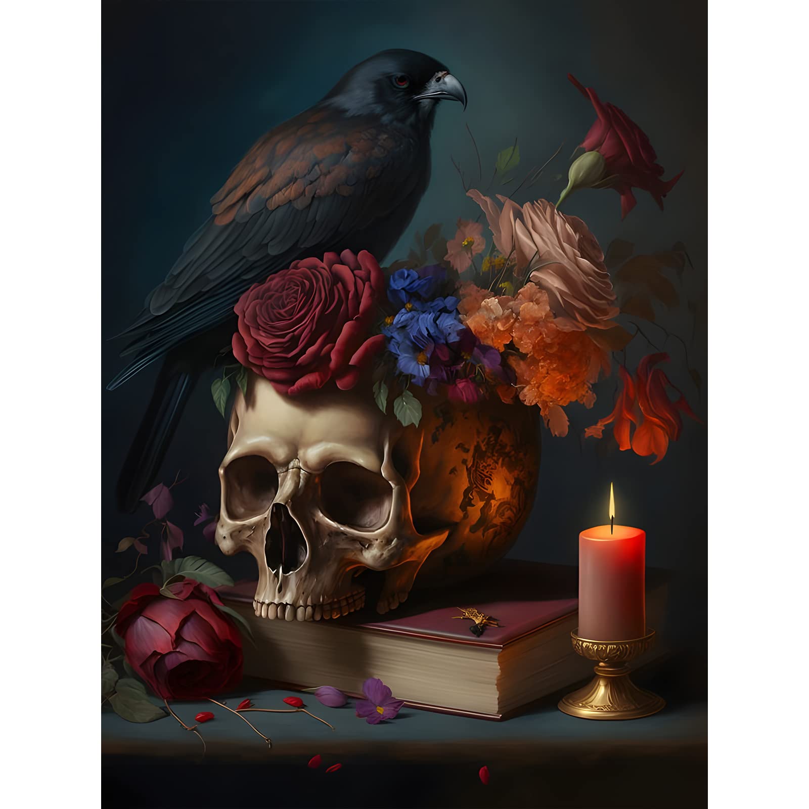 EOBROMD Diamond Painting, Skull and Crow 5D Diamond Painting Kits for Adults, Full Round Drill Diamond Art Kits，Diamond Painting Crystal Rhinestone Craft for Halloween Decor Gifts (12x16in)