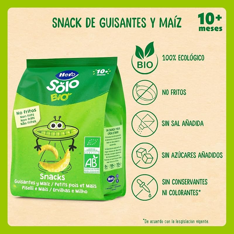Hero baby - lanche de ervilha e milho, 100% eco, bio, com ingredientes da agricultura biológica e da ue, não frito, adequado para bebés a partir dos 10 meses - embalagem de 6 x 40 g