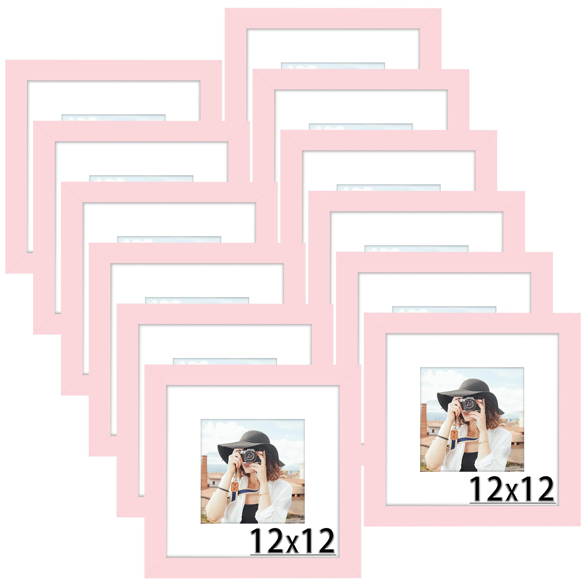 Picrit 12x12 Picture Frame Set of 12, Display 8x8 with Mat or 12 x 12 without Mat, Photo Frames for Wall Mounting Display, Pink Image