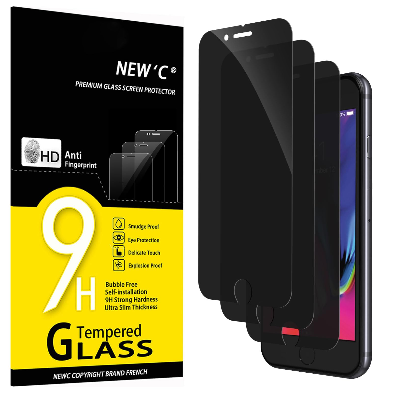 Photo 1 of NEW'C 3 Pack Privacy for iPhone 8, iPhone 7 Screen Protector, Enhanced 28-Degree Privacy Angle, Ultra Durable 9H Hardness, Bubble-Free