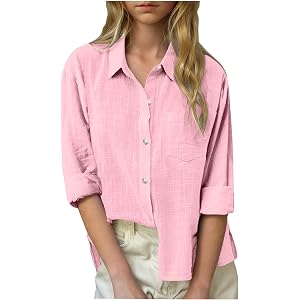 Girls Linen Button Down Shirts Long Roll up Cuffed Sleeve Collared Blouse Cotton Gauze Tops with Pockets Party Dress Shirts