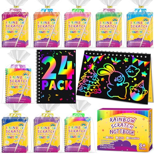 Party Favors for Kids 4-8-12: 24 Pack Scratch Rainbow Art Crafts Notebook, Coloring Book Goodie Bags Stuffers Kit, Bulk Birthday Gift Classroom Prizes Girl Boy Toddler