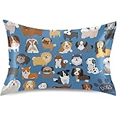 Cute Dogs Pillow Covers Silk Pillowcase for Hair and Skin Breathable & Silky Soft Satin Pillowcase Standard Size Pillow Case for Bed Bedroom Women Boys Girls (20x26 Inch)