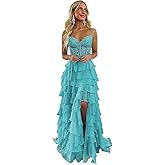 Memphty Lace Appliques Tiered Prom Dresses with Slit 2025 Spaghetti Strap Corset Ruffle Chiffon Formal Evening Gowns