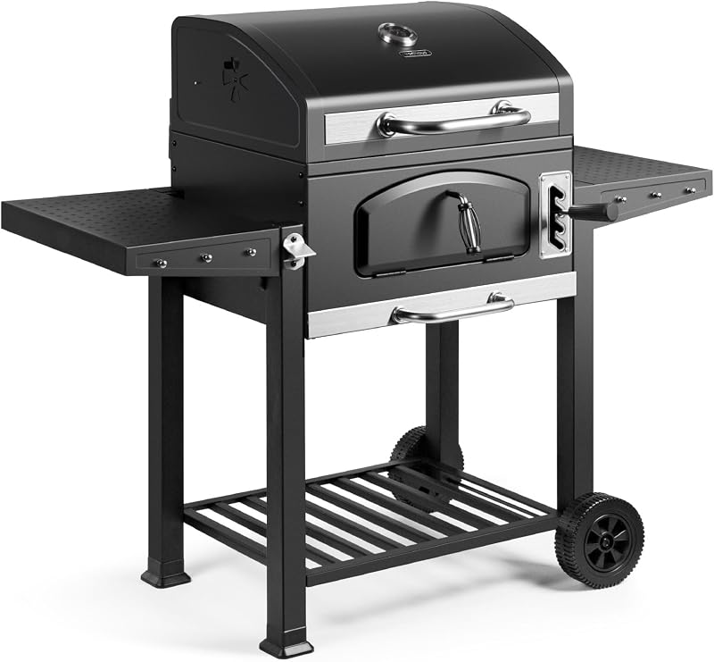 VonHaus Charcoal BBQ XL Portable Grill Smoker with Wheels & Shelves
