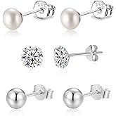 SILBERTALE 925 Sterling Silver Earrings Set 3PCS 3-5mm Tiny Ball CZ Pearl Stud Earrings Cartilage Studs for Women