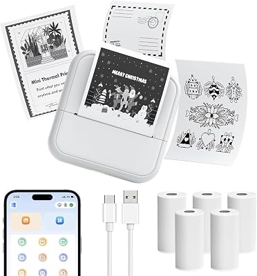 Mini imprimante, imprimante d'autocollants avec 6 rouleaux de papier thermique, imprimantes thermiques de poche portables, imprimantes photo sans encre Bluetooth sans encre avec batterie