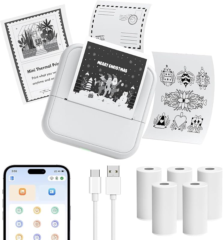 Mini imprimante, imprimante d'autocollants avec 6 rouleaux de papier thermique, imprimantes thermiques de poche portables, imprimantes photo sans encre Bluetooth sans encre avec batterie