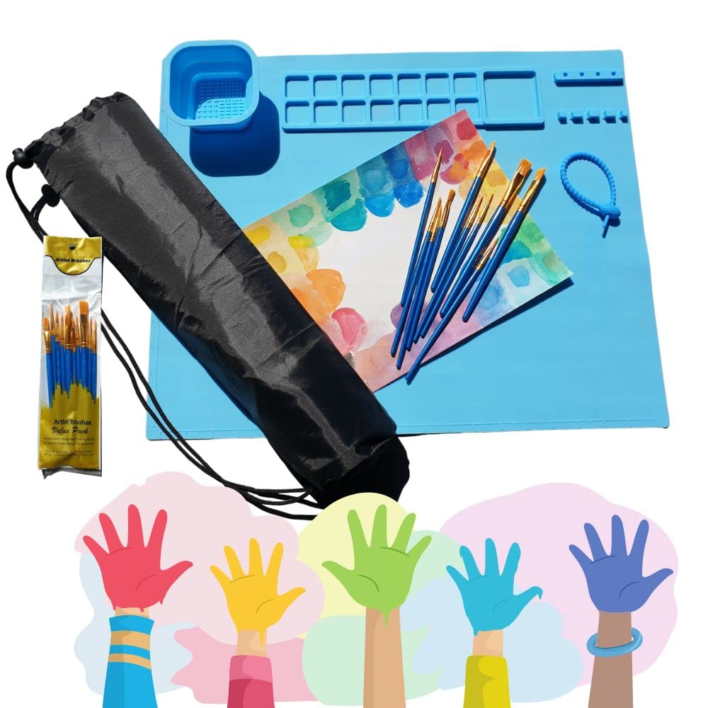 Silicone Craft Mat + 10 Brushes + Storage Bag + Adjustable Silicone Cord, Silicone Mat, Children's Placemat, Washable Painting Tablecloth (BLUE)