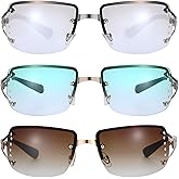 JATEBI 3 Pairs Rimless Rectangle Y2K Sunglasses Vintage Transparent Rectangle Glasses Stylish Tinted Frameless Eyewear
