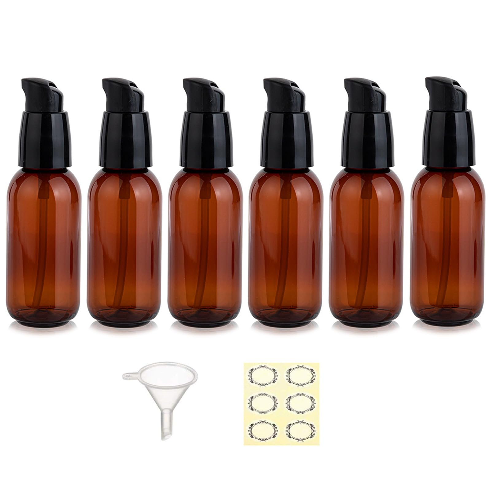 Apstaqeoo 6Pcs 50Ml Empty Lotion Pump Bottle Dispenser for Toiletries TSA Approved Pump Dispenser Leak-proof Plastic Travel Bottles Container with Label & Funnel for Cleaning Shampoo Cosmetic (Brown)