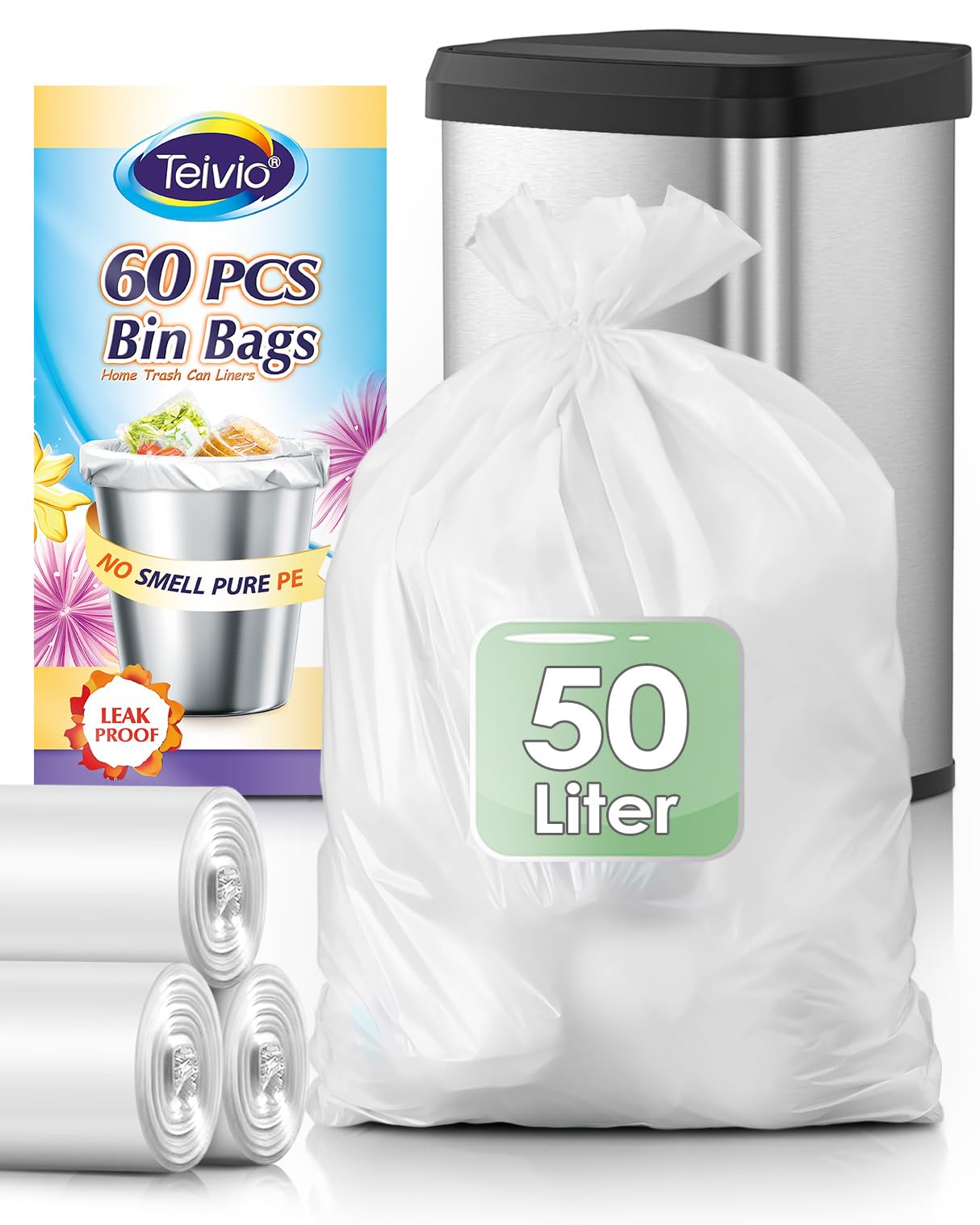 Photo 1 of 13 Gallon 60 Counts Strong Tall Kitchen Trash Bags Garbage Bags by Teivio,Bathroom Trash Can Bin Liners, Plastic Trash Bags for home office kitchen (Clear)