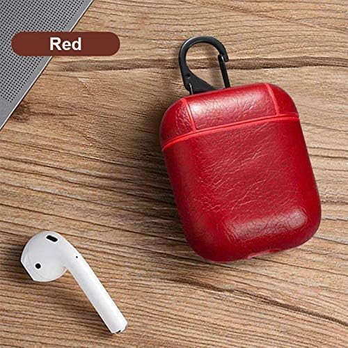 AirPods PU Leather Case Red Protective Cover Compatible with Apple AirPods 1 [Front LED Not Visible] [Support Wireless Charging] Metal Keychain Holder