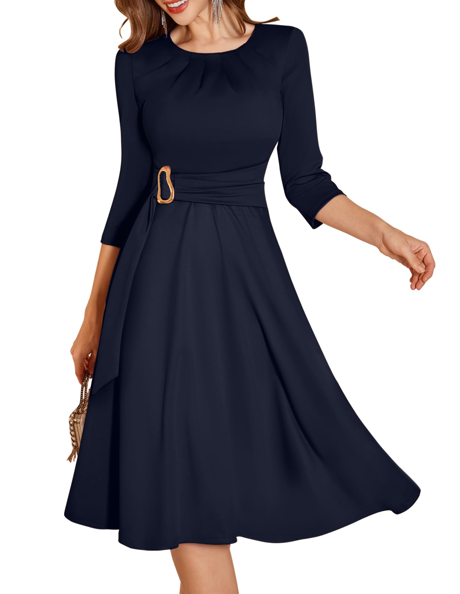 Photo 1 of (SMALL) Dressystar Women's Wedding Guest Dress Spring A Line Midi Swing Long Sleeve Ruched Elegant Formal Cocktail Party Dresses 2026 Navy Blue S