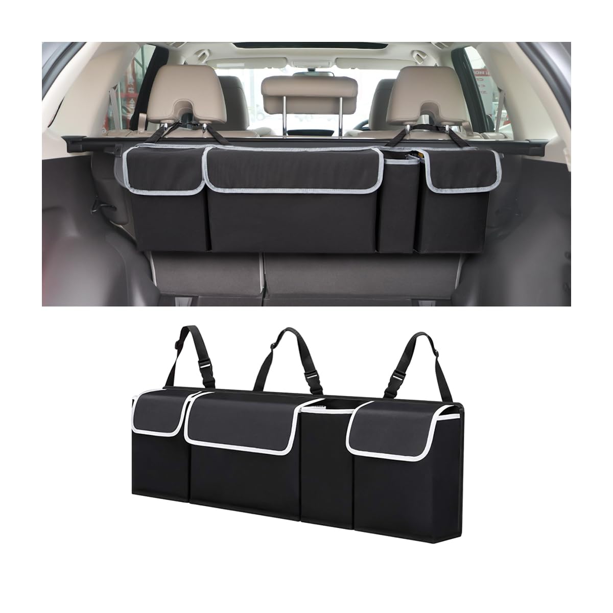 Photo 1 of Osilly Car Trunk Organizer with Lid, Backseat Hanging Storage Bag with 4 Pockets & 3 Adjustable Straps, Waterproof PVC Collapsible Cargo Bag, Car Interior Accessories for Auto SUV MPV