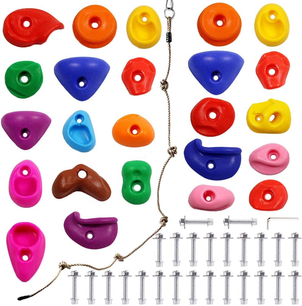 Newtion 25 Multi-Size Rock Climbing Holds for Kids and Adult,DIY Rock Climbing Holds Set with 25 Bolts,T-Nuts,Washers and 8 Foot Knotted Rope-Kids Indoor and Outdoor Play Set Use: Toys & Games