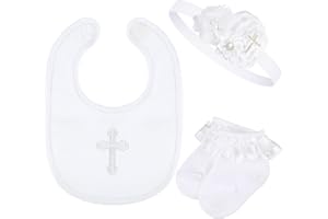 Geyoga 3 Pcs Baptism Bib for Baby Girl Baptism Candle Set Socks Pearl Headband Embroidered White Christening Outfit Bib(6-12 Months)