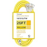 25 Foot Lighted Outdoor Extension Cord with 3 Electrical Power Outlets - 10/3 SJTW Yellow 10 Gauge Cable with 3 Prong Grounde