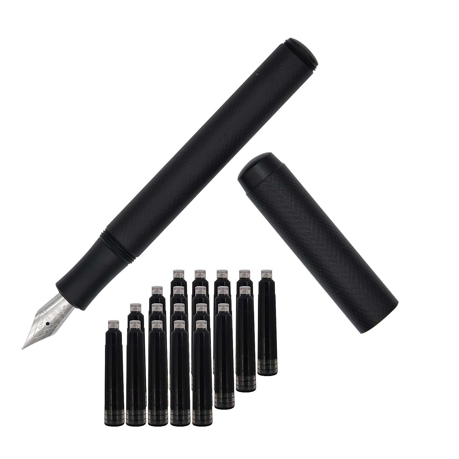 SIPLIV Checkered Stripe Metal Fountain Pen Short Paragraph (112mm) Pocket Mini Travel Pen with 20 Pcs Black Ink Cartridges - Black