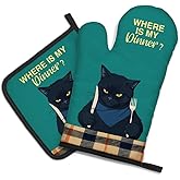DYJYBMY Where is My Dinner Funny Cat Oven Mitts and Pot Holder Set, Funny Kitchen Gadgets for Women Cat Lover, Housewarming Gifts for Bake Lover Cat Mom, Baking Gifts for Mom Wife Sister BFF Friend