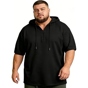 Men's Big and Tall Short Sleeve Hoodie 4XL-8XL Cotton Blend Quarter Zip Lightweight Stretchy Hooded T-Shirt for Summer | Ligh