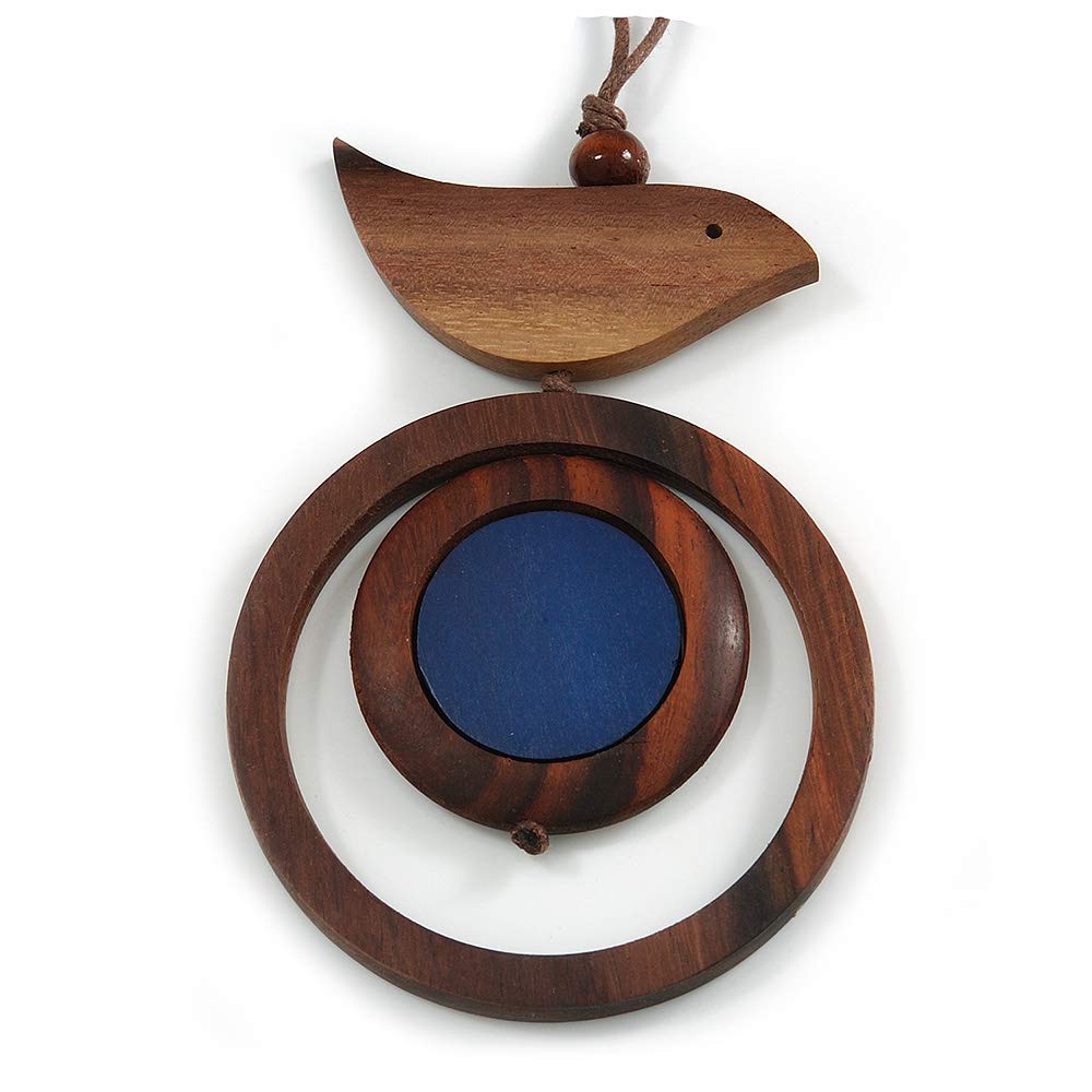 Avalaya Brown/Dark Blue Bird and Circle Wooden Pendant Cotton Cord Long Necklace - 84cm L/ 10cm Pendant