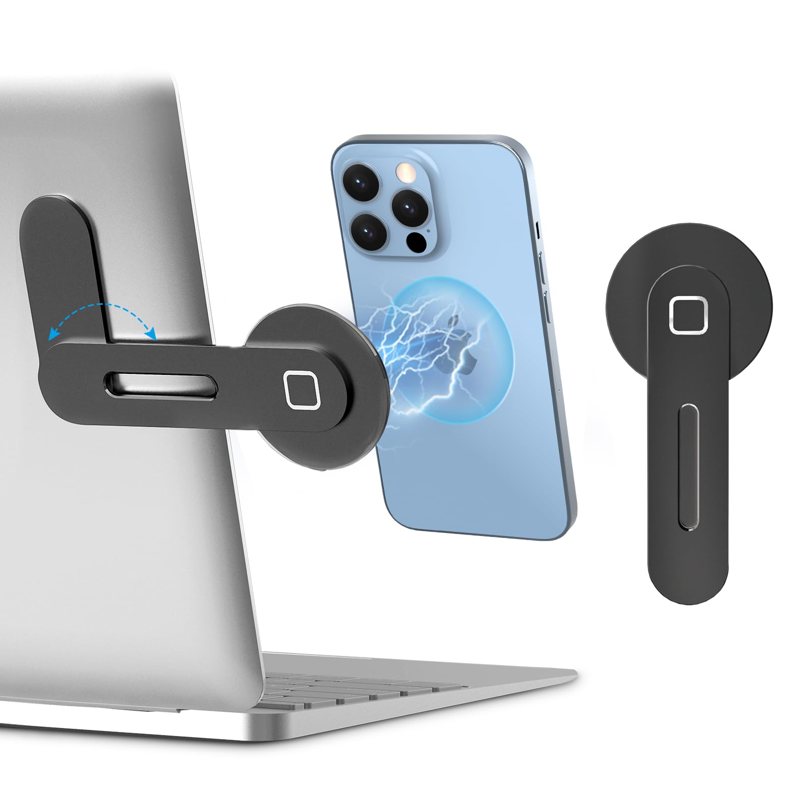 imluckies Magnetic Laptop Phone Holder, Adjustable Computer Monitor Side Mount Clip Compatible with iPhone 16/14/15/13/12 Series & MagSafe Case & All Phones, Portable Foldable Computer Bracket, Black