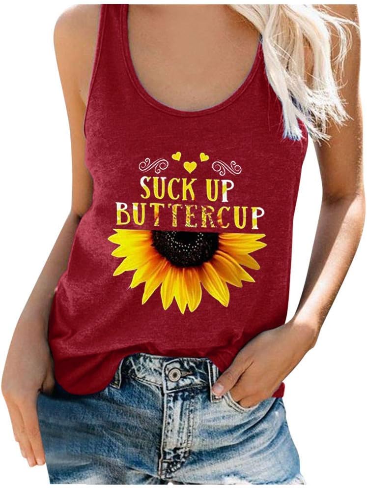 Tank Tops for Women with Sayings Funny Graphic Tees Gym Workout Casual Loose Fit Sleeveless T Shirts - Suck UP Buttercup