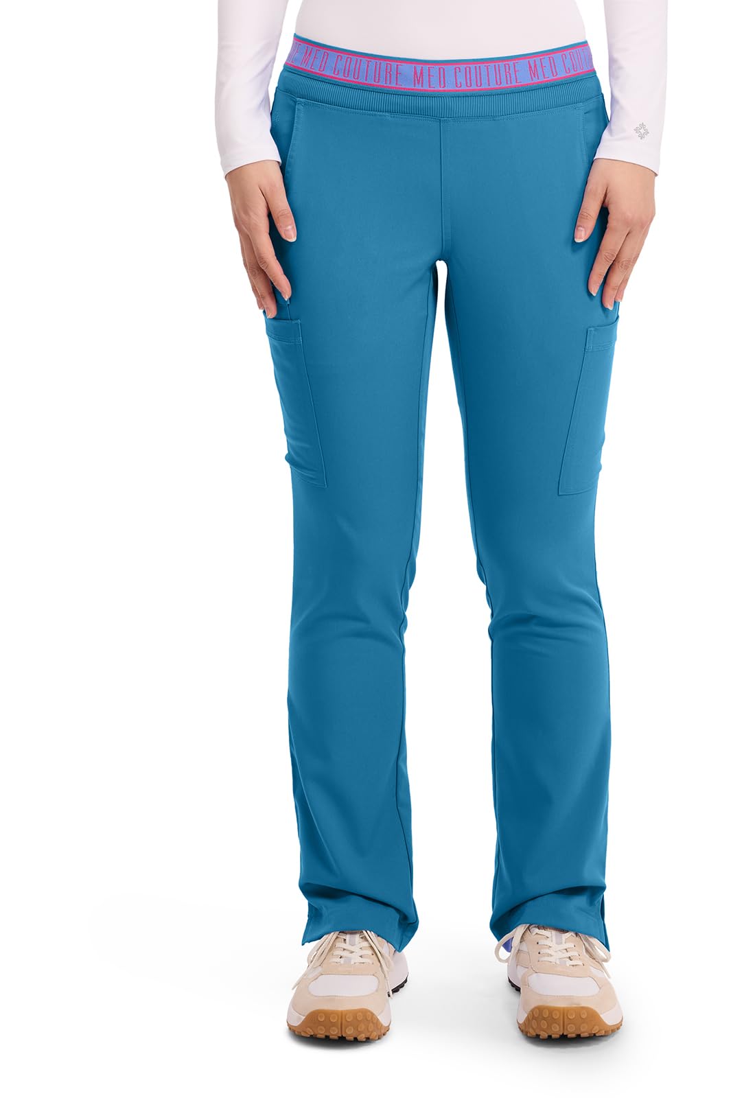 Med Couture Women's Scrub Pant Yoga Pull-On with 7 Pockets Ultra-Soft Rib-Knit Waistband & 2-Way Stretch Technology - MC7739, M, Mali-Blue Shore Image