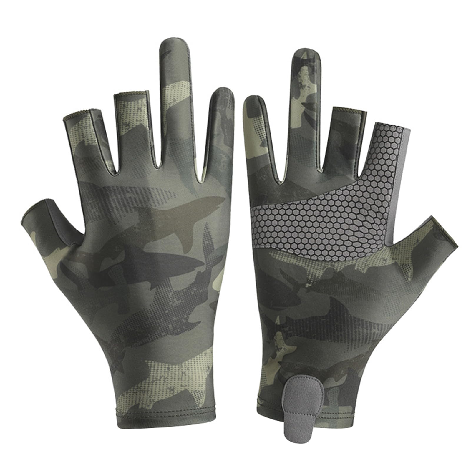 JIAHG Mens Camo Ice Silk Fishing Gloves 3 Finger Cut Anti-Slip Kayaking Sea Fishing Gloves UPF 50+ Sun UV Protection Fingerless Glove for Paddling, Rowing, Canoeing, Hunting