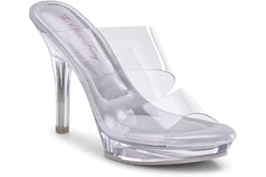 The Shoe Fairy Strappy Olympian 2.0 Clear Bikini Fitness Competition Heels, Women's Wedge Sandals with 4.5" Heel and 3/4" Platform, Vegan Plastic Upper, Cushioned Insole, Gray Sole