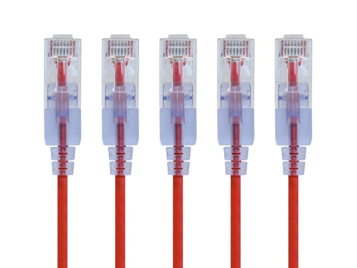 Monoprice SlimRun Cat6A Ethernet Patch Cable - Network Internet Cord - RJ45, Stranded, UTP, Pure Bare Copper Wire, 30AWG, 2 Feet, Red, 5-Pack — image 1