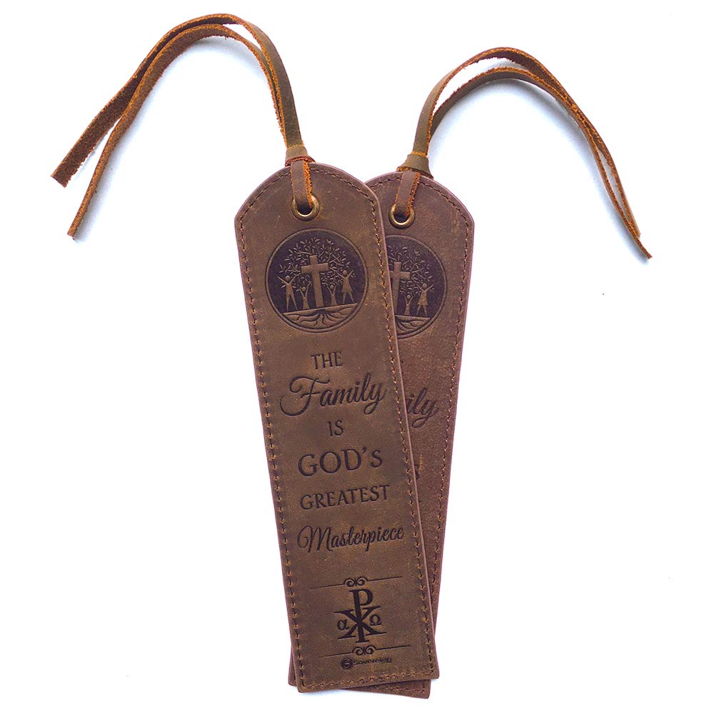 Leather Bible Bookmarks - 2 Leather Christian Bookmarks with Inspirational Verse | The Family is God’s Greatest Masterpiece | Perfect Religious Book Marker Gifts for Men, Women, Readers, Family