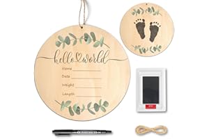 PDRYLY Baby Birth Announcement Sign with Marker Pen, Wooden Hello World Newborn Sign with Ink Pad for Baby Hand and Footprints, Double-sided Newborn Announcement Sign for Baby Shower Photo Prop Keepsakes