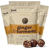 DATI Date Bites, High Fiber Healthy Snack, No Added Sugar, Ginger Turmeric | Vegan gluten free date snacks. Chewy bites with chia, ginger, turmeric, black pepper. 3 pack. Dairy free, kosher.