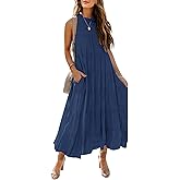 HAEOF Women's Summer Sleeveless Halter Midi Maxi Dress Casual Loose Fit Pleated Tiered Flowy Beach Vacation Long Sundress