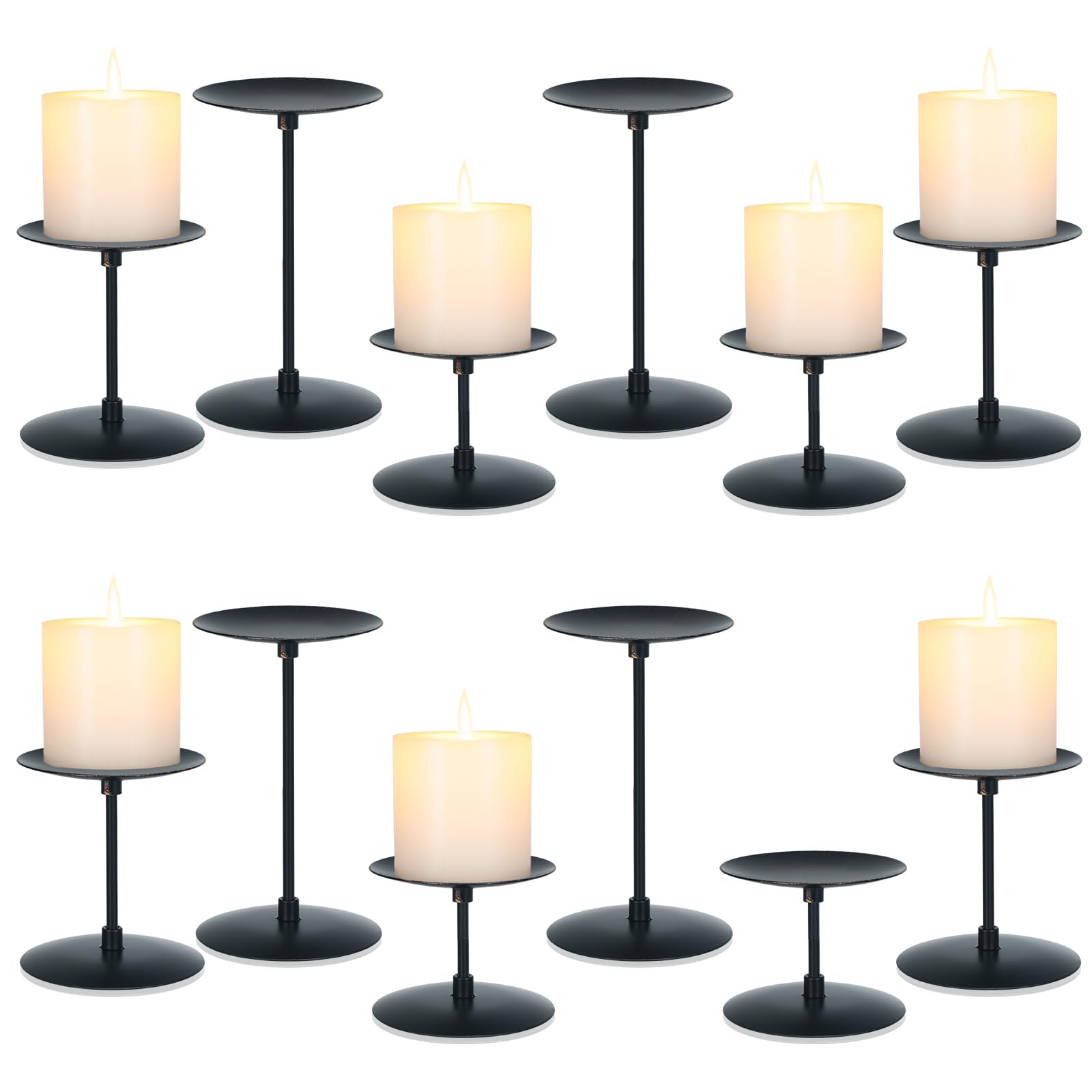 Photo 1 of 12 Pcs Pillar Candle Holders Candelabra Black, Bulk Fireplace Candle Holder Iron Plate Candle Stand Minimalism Modern Style, Mantel Table Decoration for Home,Wedding, Dinning, Party, Anniversary