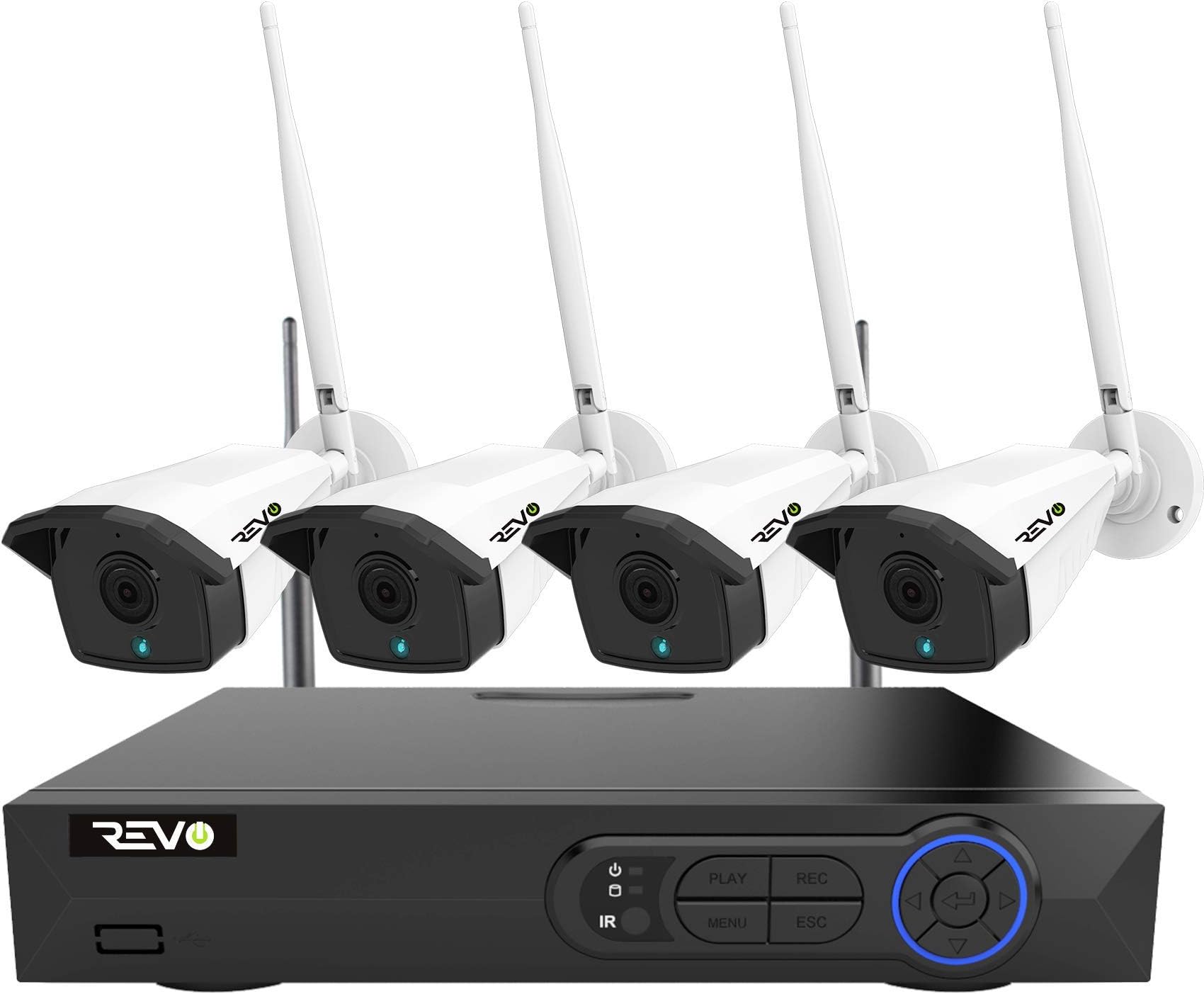 REVO America Wireless 4Ch. Security System - 1TB HDD 5MP Wi-Fi NVR, 4 x 5MP Indoor/Outdoor Bullet Cameras, Remote Access via Smart Phone, Tablet and PC