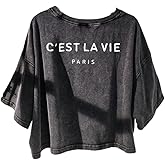 JDEEO Women's Oversized Graphic Crop Top Vintage Washed Tee Casual Loose Fit Short Sleeve T-Shirt for Summer Streetwear