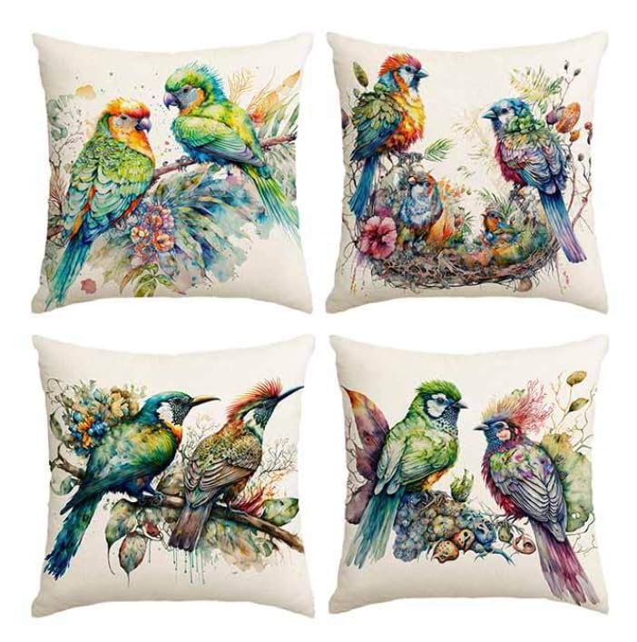 BAOKU Set of 4 Watercolor Birds Pattern Cushion Covers,Decor Pillow Cover, Bedroom Living Room Cushion Cover for Couch Sofa Bed,18x18 inch