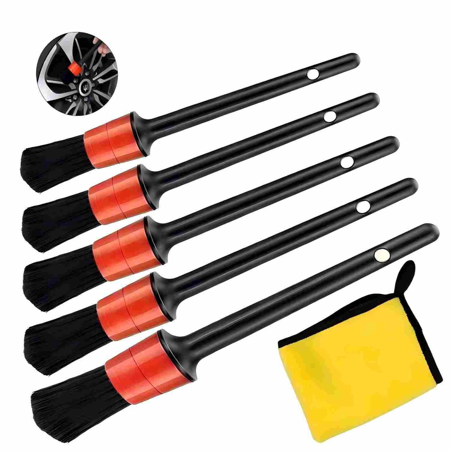 Car Cleaning Brush 6 Pcs Detailing Dust Boars Bristles Set 5 Hair Brushes and 1 Microfiber Cloth for Cleaning Interior/Exterior of Car