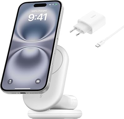 BoostCharge Cargador Magnético Plegable Qi2 15W, Estación de Carga Inalámbrica Compatible con MagSafe, Carga Rápida para iPhone 17, Air, Pixelsnap, Base con Soporte Antideslizante - Blanco
