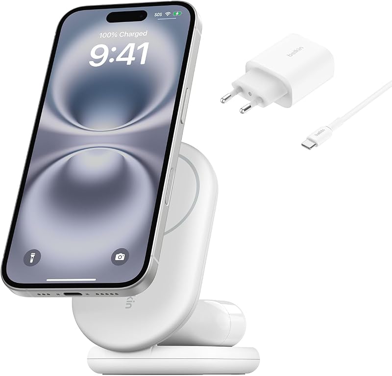 BoostCharge 2-in-1 magnetisches einklappbares Ladegerät Qi2, MagSafe-kompatibles 15 W, Schnellladegerät für Apple iPhone 17, Air, Pixelsnap, induktive Ladestation, inklusive Netzteil - Schwarz