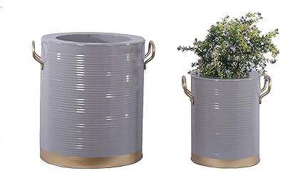 AMNA Gardens Metal Planter Decorative Modern Plant Stand Flower Pot with Gold Fixed Handles | for Balcony, Living Room, Bedroom,Indoor and Outdoor, 14 INCH, 10 INCH (Grey)
