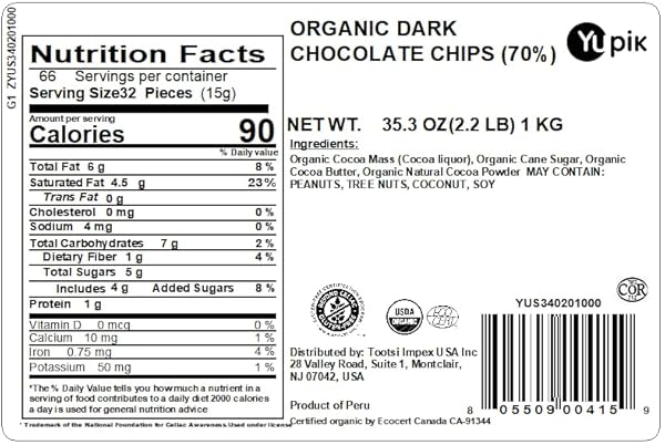 YUPIK ORGANIC DARK CHOCOLATE CHIPS, 70% CACAO, 2.2 LB (35.2 OZ), GLUTEN-FREE, GMO-FREE, KOSHER, VEGAN, DAIRY-FREE, REGULAR SIZE, RICH DARK CHOCOLATE, MELTS SMOOTHLY, FOR SNACKING, BAKING & TOPPING